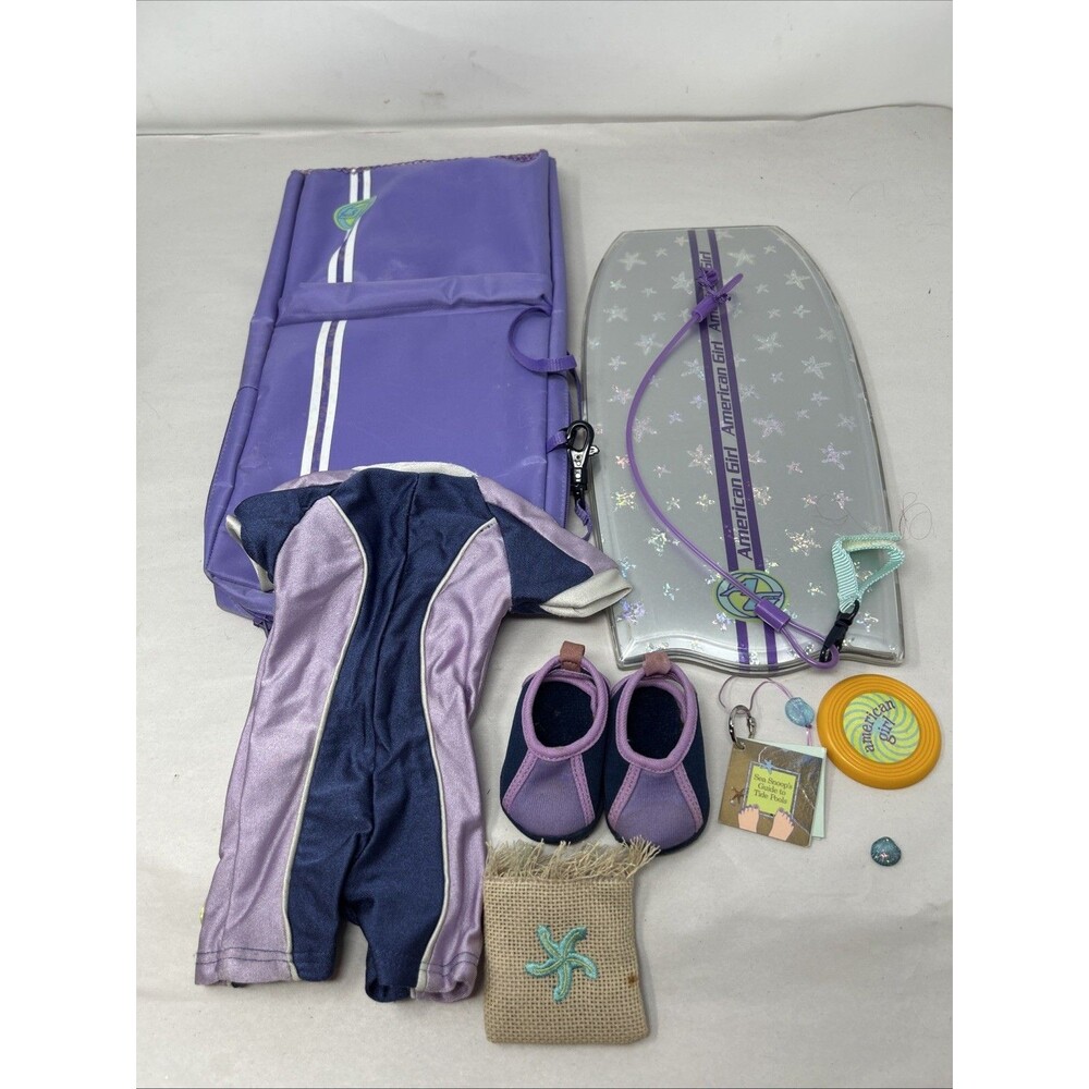 American Girl Kailey Doll Tote Bag Frisbee Boogie Board & Case Wetsuit Shoes